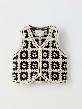 Zara Black and Cream Crochet Square Vest